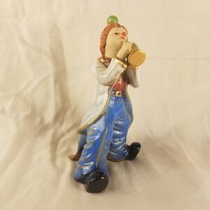 Vintage Ceramic Clown Figurine Playing Horn blue white Gold‎ Glazed 6.5in